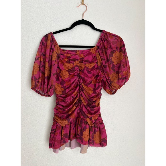 DR2 Daniel Rainn Magenta Floral Ruched Mesh Peplum Top Puff Sleeve Sz S - Picture 3 of 3